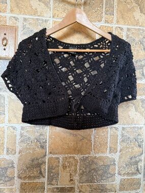 Cejon Black Crochet Tie-Front Short Sleeve Shrug ONE SIZE